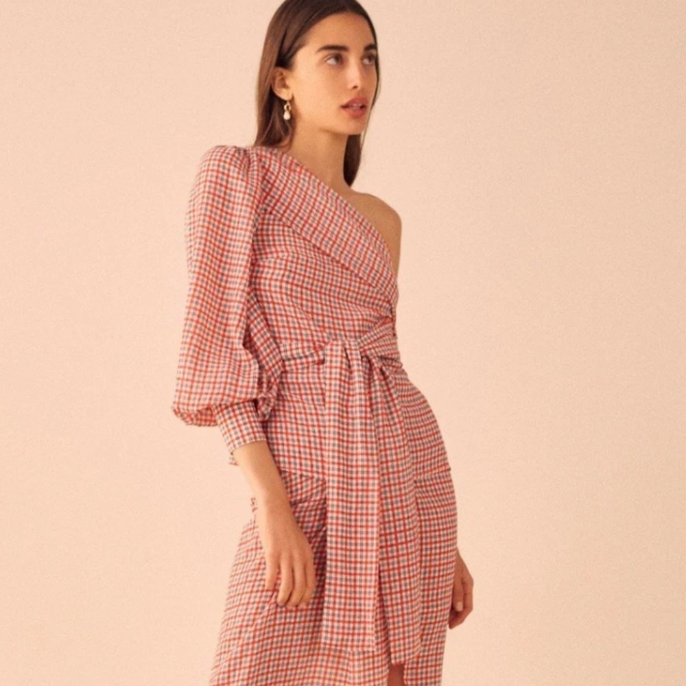 C/MEO COLLECTIVE Counting All Plaid One Shoulder Tie Front Top Medium